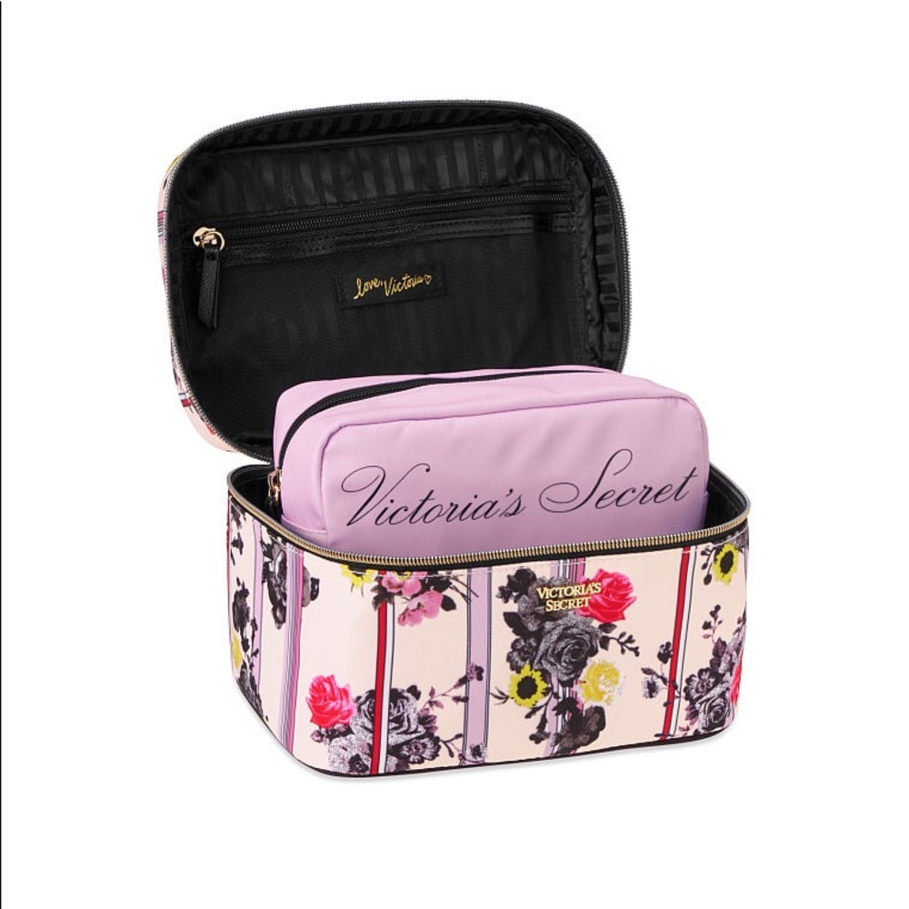Victoria’s Secret Blush Floral Striped Small Weekender Train Case Pink NEW